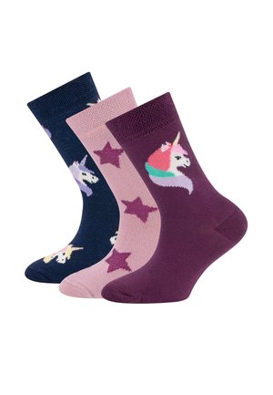 Drei Paar Baumwollsocken: navy mit Einhörnern, pink mit Sternen und dunkelpurpur mit einem Einhorn. Jedes Paar hat einen gerippten Bund.