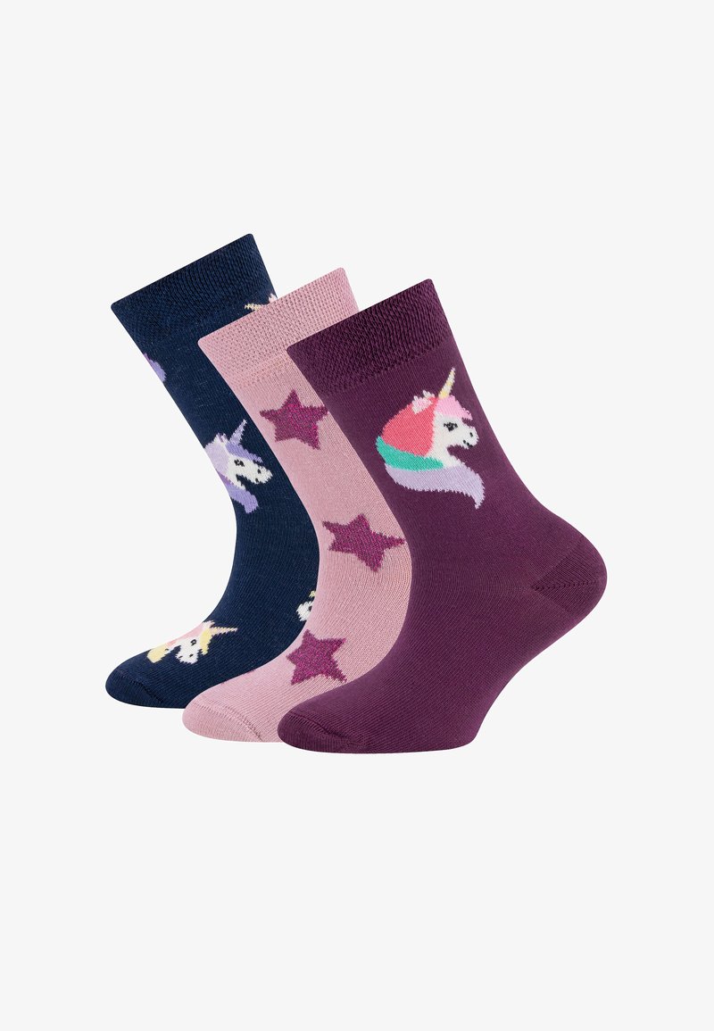 Drei Paar Baumwollsocken: navy mit Einhörnern, pink mit Sternen und dunkelpurpur mit einem Einhorn. Jedes Paar hat einen gerippten Bund.