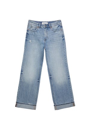 Hellblaue Jeans aus Denim im weit geschnittenen Design, mit ausgefranstem Saum, leichter Abnutzung und klassischem Fünf-Taschen-Stil.