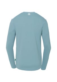 Langarmshirt in lichtblauw, gemaakt van gladde stof. Heeft een witte kraag en een logo op de achterkant. Eenvoudig ontwerp zonder patronen.