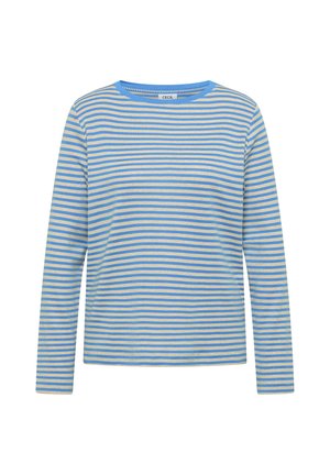 Chemise à manches longues à rayures bleu clair et beige, dotée d'un col rond et d'un tissu en coton doux. Design simple et décontracté sans ornements supplémentaires.