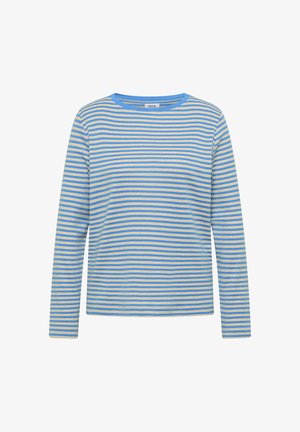 Camicia a maniche lunghe con righe azzurro chiaro e beige, con scollo rotondo e tessuto morbido in cotone. Design semplice e casual senza ulteriori decorazioni.