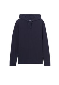 Felpa con cappuccio di color blu navy realizzata in tessuto testurizzato; presenta maniche lunghe, cappuccio con coulisse e una vestibilità comoda.