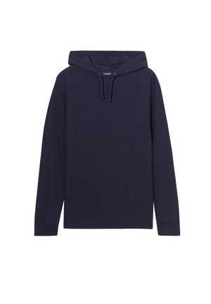 Navy blue hooded sweatshirt made of textured fabric; features long sleeves, drawstring hood, and a relaxed fit.