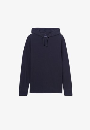 Navy blue hooded sweatshirt made of textured fabric; features long sleeves, drawstring hood, and a relaxed fit.