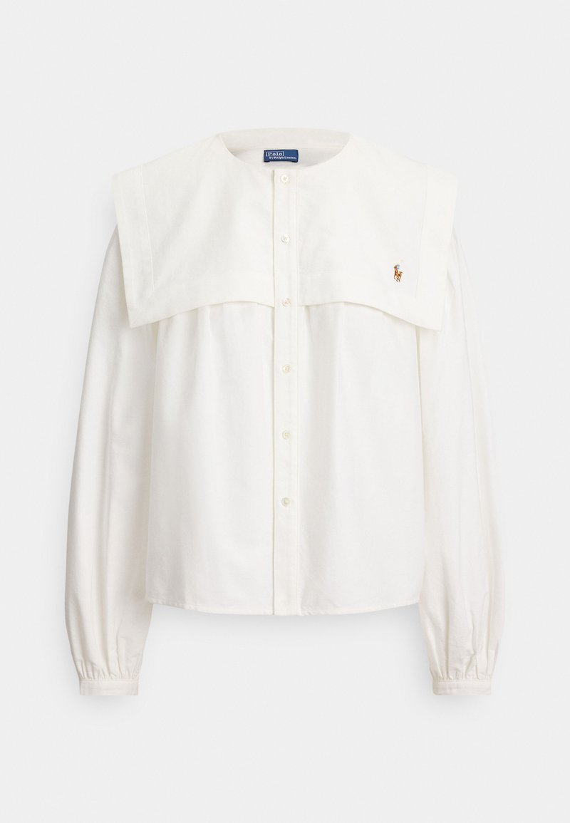 Witte blouse met lange mouwen, grote vierkante kraag, knoopsluiting aan de voorkant en een klein geborduurd logo op de linkerborst.