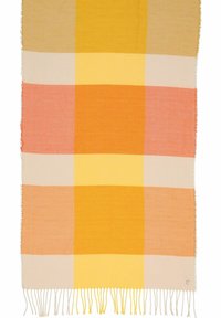 Gewebte Decke mit einem Karomuster in Gelb-, Orange-, Pink- und Beigetönen, mit fransigen Rändern und einer weichen Textur.