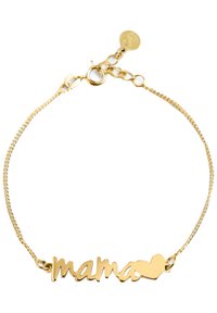 Pulsera de oro con un diseño de cadena que presenta una inscripción recortada de "mama" y un acento de corazón, asegurada con un cierre de langosta y una cadena de extensión.