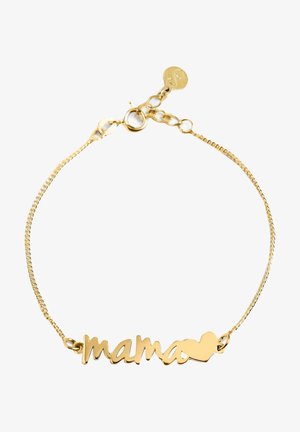 Pulsera de oro con un diseño de cadena que presenta una inscripción recortada de "mama" y un acento de corazón, asegurada con un cierre de langosta y una cadena de extensión.