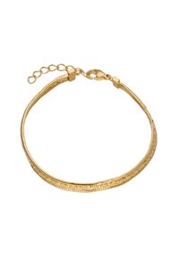 Gouden armband met een gestructureerd ontwerp met in elkaar grijpende schakels en een sluiting met een kreeftsklip, verstelbaar met een kettingverlenging.