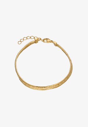 Gouden armband met een gestructureerd ontwerp met in elkaar grijpende schakels en een sluiting met een kreeftsklip, verstelbaar met een kettingverlenging.