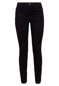Jeans negros ajustados de mezclilla, confeccionados con una mezcla de algodón, que cuentan con un cierre de botón, cinco bolsillos y una textura suave. Diseñados para una silueta ceñida.