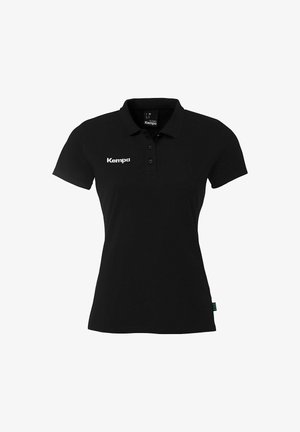 Zwarte vrouwen poloshirt met korte mouwen, drie knopen en het "Kempa" logo op de linkerkant van de borst.