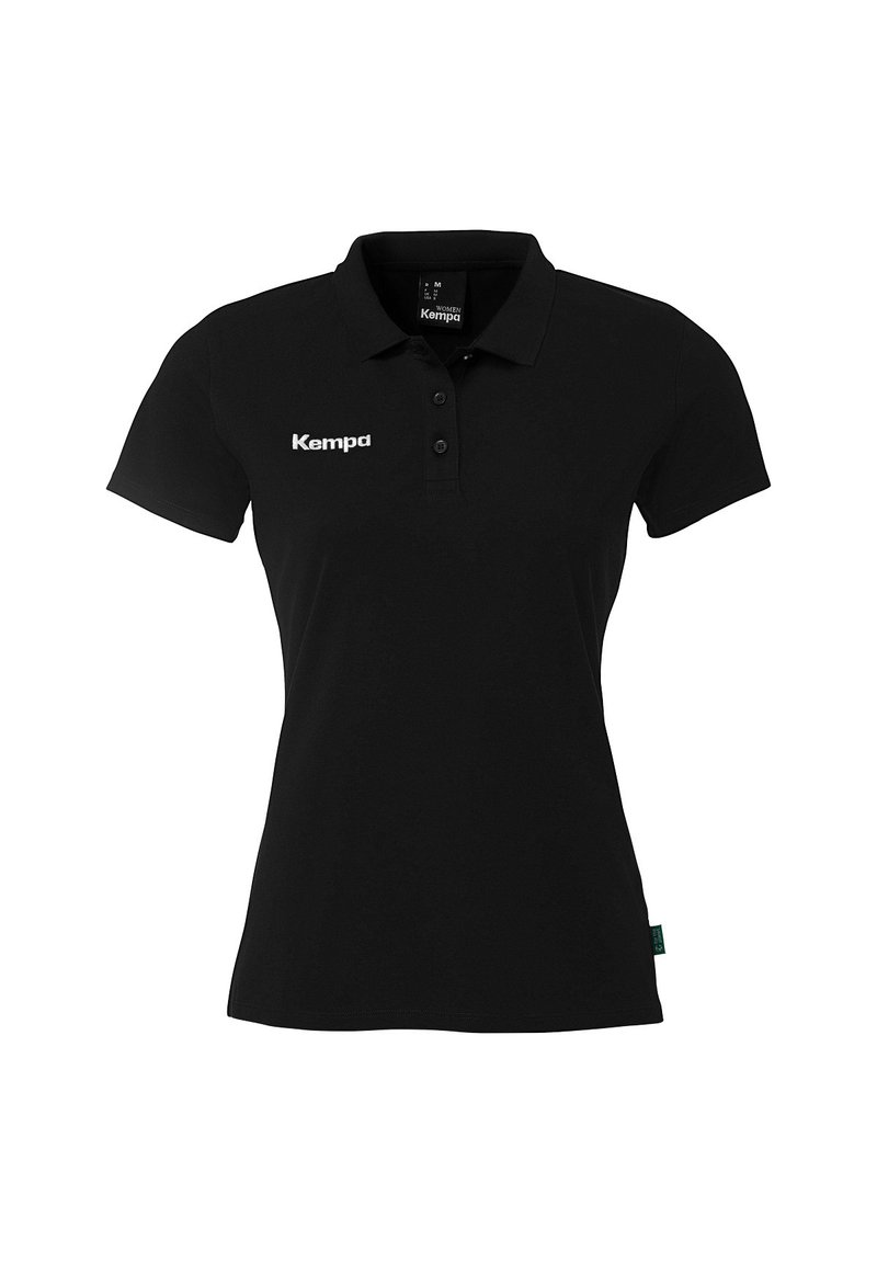Zwarte vrouwen poloshirt met korte mouwen, drie knopen en het "Kempa" logo op de linkerkant van de borst.