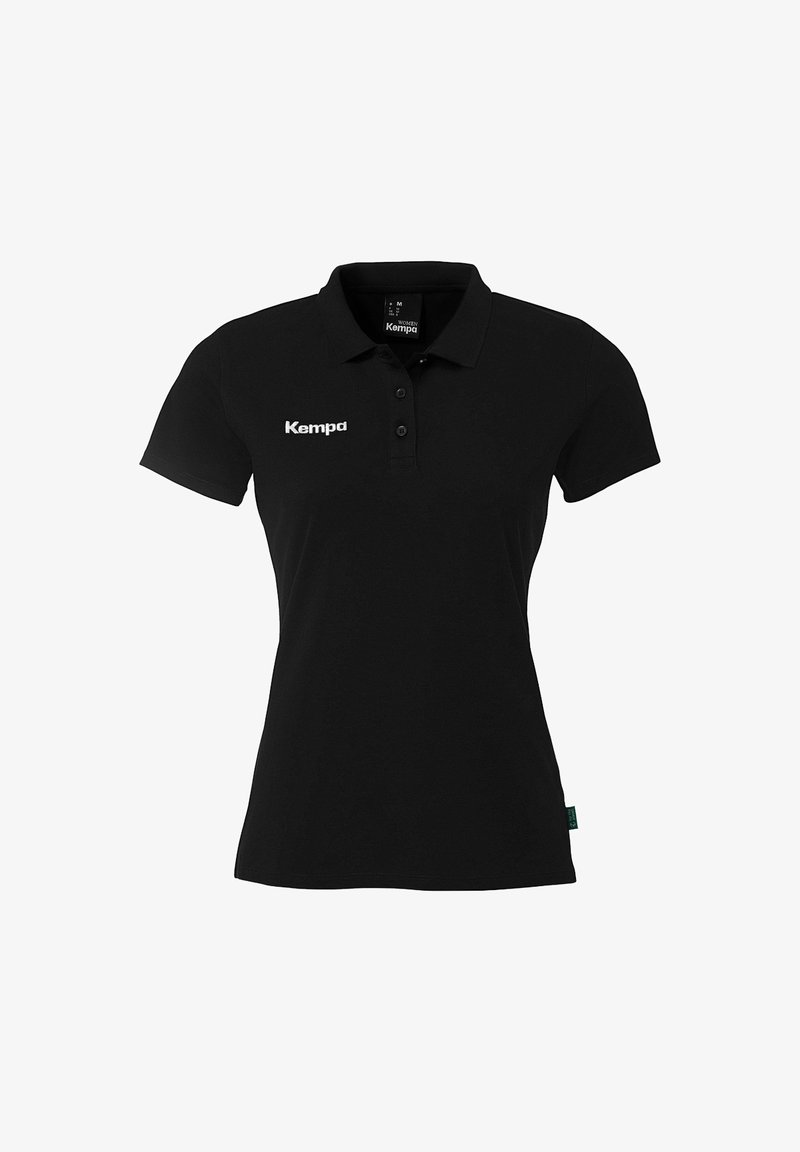 Zwarte vrouwen poloshirt met korte mouwen, drie knopen en het "Kempa" logo op de linkerkant van de borst.