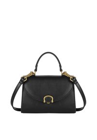 Sac à main en cuir noir avec une forme structurée, des accents de quincaillerie dorée, une anse plate sur le dessus et une bandoulière amovible. Texture lisse et fermeture à rabat incurvée.
