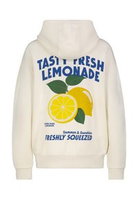 Cream-colored hoodie featuring a graphic print of lemons with green leaves, and text reading "TASTY FRESH LEMONADE" in blue.