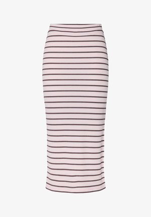 Svārki midi ar svītrām no maiga auduma, ar horizontālām līnijām pasteļrozā krāsā un tumši brūnā akcentiem, pieguļoša silueta un vienkārša apdare.