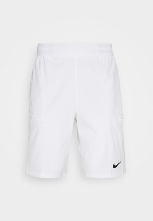 Shorts de sport blancs en tissu léger, dotés d'une taille élastique, de deux poches latérales et d'un logo Nike noir sur la jambe gauche.
