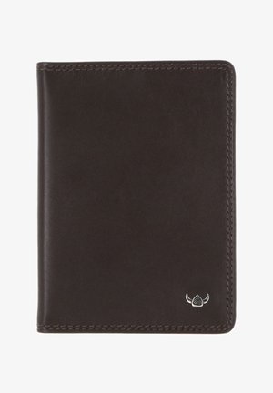 Dark brown leather wallet with visible stitching and a small silver logo in the lower right corner.