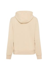 Beige hoodie met een voorzak, een capuchon met trekkoord, en ribgebreide manchetten en onderrand. Soepele textuur, geschikt voor casual wear.