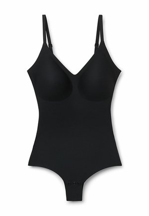 Černý body se nastavitelnými ramínky, výstřihem do V, tvarovanými košíčky, hladkým povrchem a patentkami na dně. Bezšvový design.