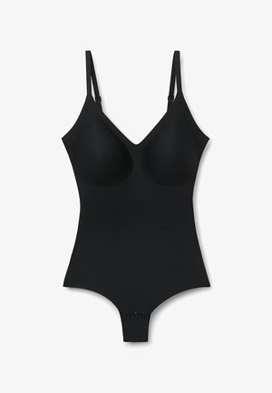 Body nero con spalline regolabili, scollatura a V, coppe modellate, texture liscia e chiusura a scatto sul fondo. Design senza cuciture.