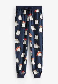 Navyblaue Schlafanzughosen mit einem wiederholten Pinguinmuster, einige tragen Hüte und Schals, hergestellt aus weichem, dehnbarem Stoff mit einem elastischen Bund.
