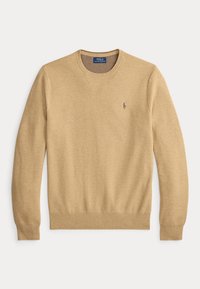 Beežikas kastkaelusega pikkade varrukatega kampsun, mille rinnal on väike Polo Ralph Laureni tikitud logo.