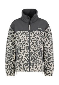 Leopard-pattern fleece jacket with a grey upper section, full zip front, high collar, and elastic hem and cuffs. Features side pockets.