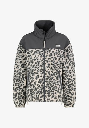 Fleece-Jacke mit Leopardenmuster, grauem Oberteil, durchgehendem Reißverschluss vorne, hohem Kragen sowie elastischem Saum und Bündchen. Verfügt über Seitentaschen.