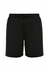 Czarne spodenki wykonane z miękkiego materiału, z elastycznym paskiem w talii z sznurkiem do regulacji oraz dwiema zamykanymi na zamek kieszeniami po bokach.