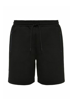 Czarne spodenki wykonane z miękkiego materiału, z elastycznym paskiem w talii z sznurkiem do regulacji oraz dwiema zamykanymi na zamek kieszeniami po bokach.