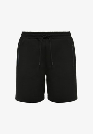 Czarne spodenki wykonane z miękkiego materiału, z elastycznym paskiem w talii z sznurkiem do regulacji oraz dwiema zamykanymi na zamek kieszeniami po bokach.