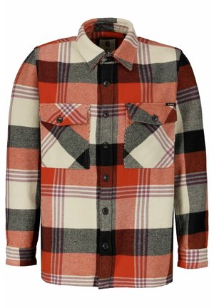 Camicia in flanella a quadri rossa, nera e crema con maniche lunghe, due tasche sul petto, chiusura a bottoni e colletto classico. Tessuto strutturato.