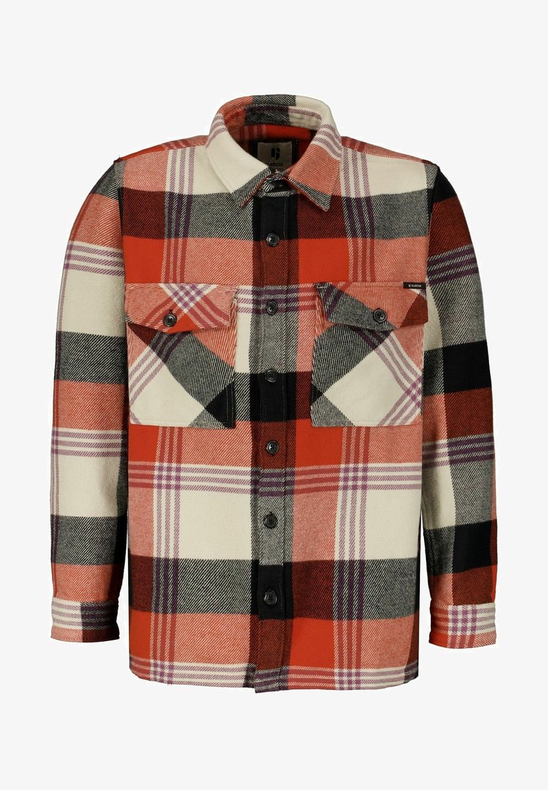 Chemise en flanelle à carreaux rouge, noir et crème avec manches longues, deux poches poitrine, devant boutonné, et col classique. Tissu texturé.