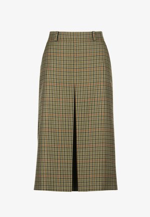 Kockás ceruzaszoknya, szőtt anyag zöld, barna és krém színben. Elülső hasítékkal és testre simuló derékrésszel rendelkezik. Középhosszú kivitel.