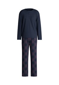 Navy longsleeve top met een zak en een drie-knops sluiting, gecombineerd met geruite broek in navy, rood en witte tinten. Zachte stof, ontspannen pasvorm.