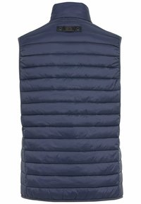 Marine puffervest met hoge kraag, voorzien van gecapitonneerde delen en een textuurafwerking. Inclusief een klein label aan de achterkant van de nek.