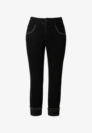 Černé džíny z denimu slim fit, které mají přední kapsy zdobené korálky, roztrhané lemy a klasické zapínání na knoflík.