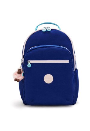 Blue fabric backpack with a curved top, features a front zip pocket, pink accents, and a monkey keychain attached to the zipper.