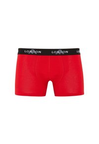 Red boxer briefs with a black waistband featuring the word "LONDON" in gray. Smooth texture, fitted design, and mid-thigh length.