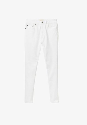 Valged teksased kitsad püksid, millel on liibuv disain, viis taskut ja hõbedane nupplukuga vöökoht. Sile tekstuur.