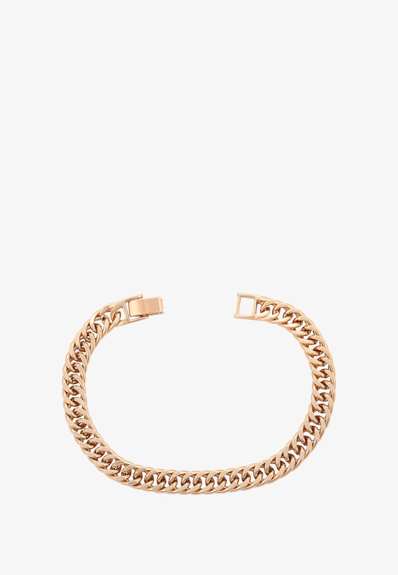 Rózsa arany kubai lánc karkötő, hajtókapoccsal, nyitott állapotban, fehér háttéren.