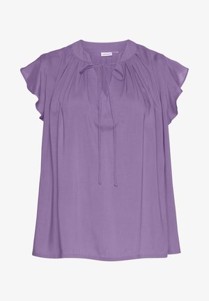 Paarse blouse met korte volants mouwen, met een ronde halslijn en aanpasbare strikdetails. Gladde stof met geplooide accenten.