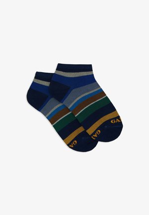 Calzini alla caviglia con un motivo a strisce multicolori in navy, blu, grigio, verde, marrone e oro, con polsini a costine e logo sulla punta.