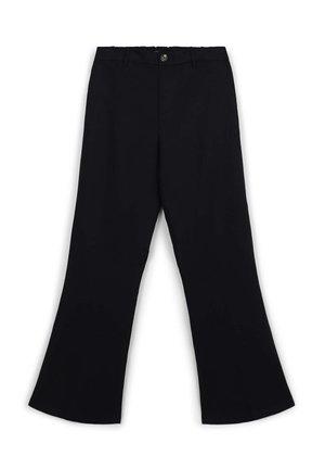 Schwarze, ausgestellte Hosen aus glattem Stoff mit einem Taillenbund und Knopfverschluss. Das Design umfasst seitliche Taschen und eine taillierte Passform.