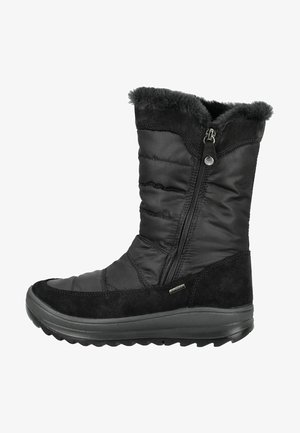 Sort vinterstøvle med polstret nylon og ruskind, med en krave af kunstpels, sidelukning med lynlås og tekstureret gummisål.