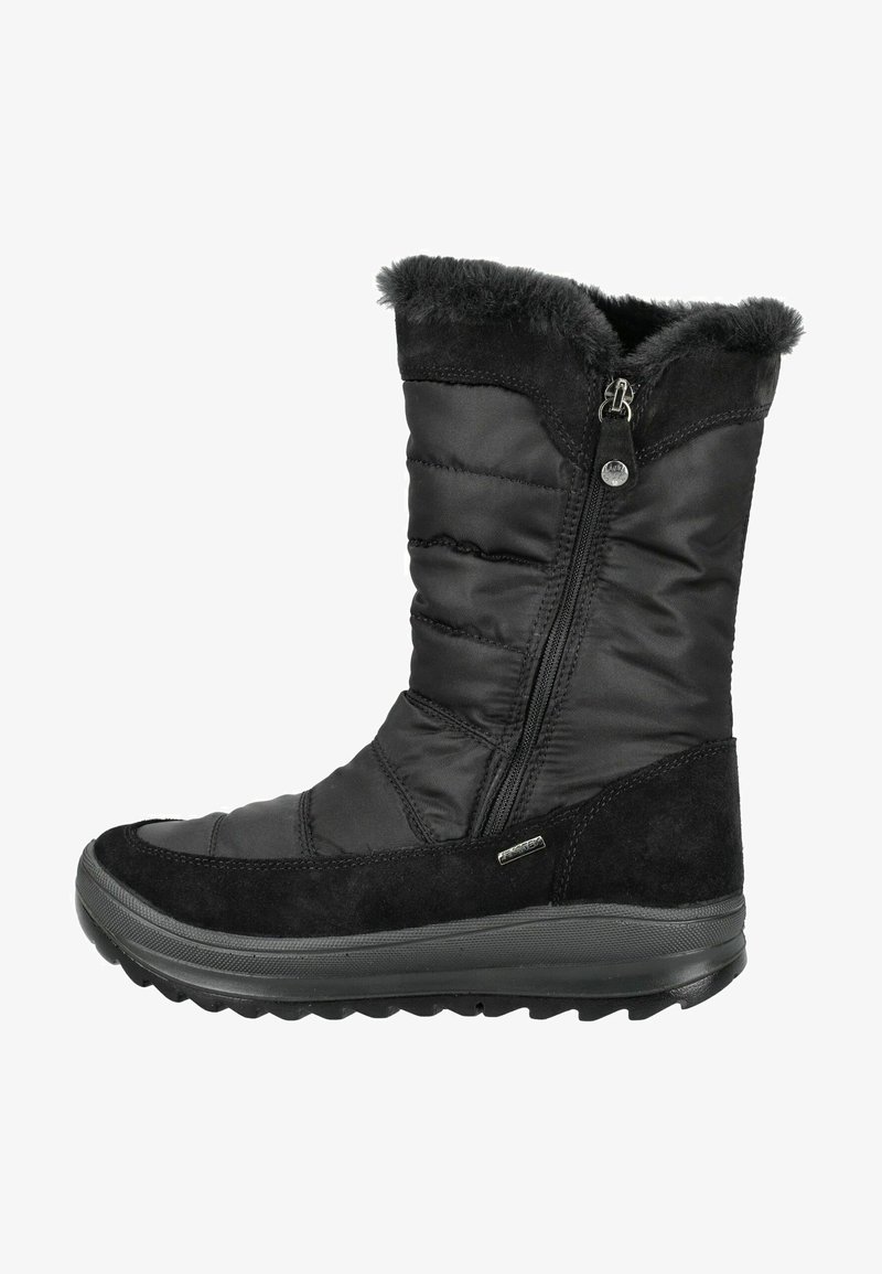 Zwarte winterlaars van gevoerd nylon en suede materialen, met een nepbont kraag, zijrits en een gestructureerde rubberen zool.