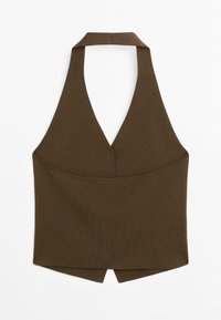 Top halter marrone realizzato in tessuto morbido; presenta un scollo profondo e un'apertura sulla schiena; l'orlo ha un design appuntito e sovrapposto.